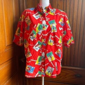 Super Cute Vintage Postcard & Travel Button Down Top Novelty Print